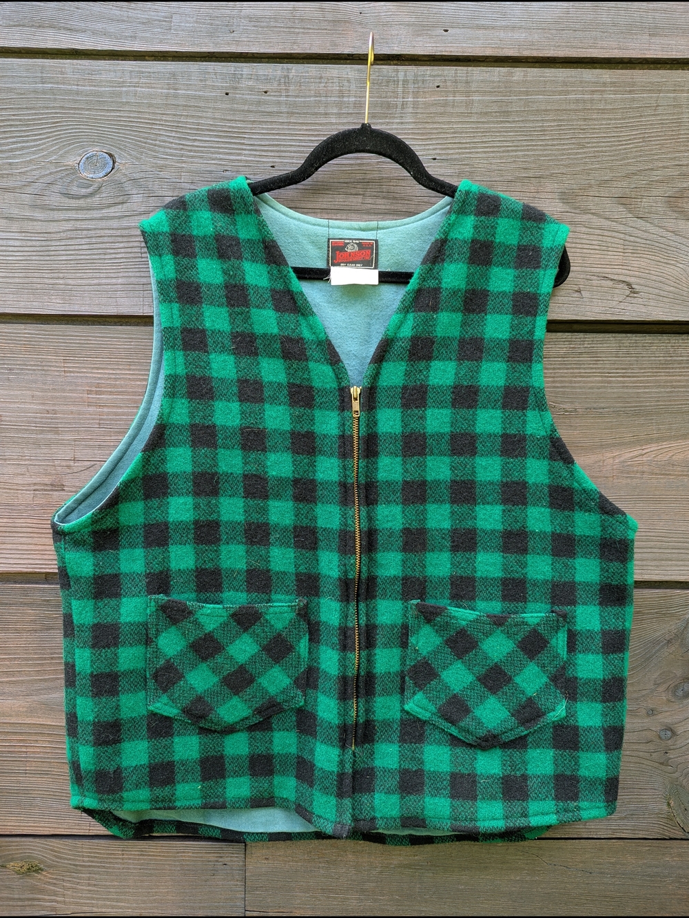 Vintage Green & Black Buffalo Plaid Wool Zip Vest - Johnson Woolen Mills